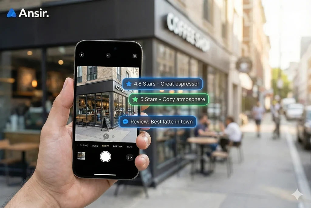 스마트폰 카메라로 카페를 비추면 실시간 평점과 리뷰가 증강현실(AR)로 나타나는 멀티모달 검색 화면