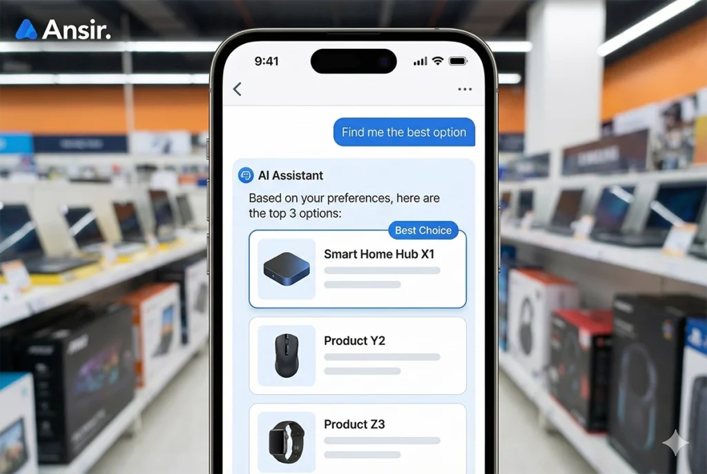 AI 에이전트가 사용자 선호도에 맞춰 최적의 제품(Best Choice)을 추천하는 스마트폰 인터페이스