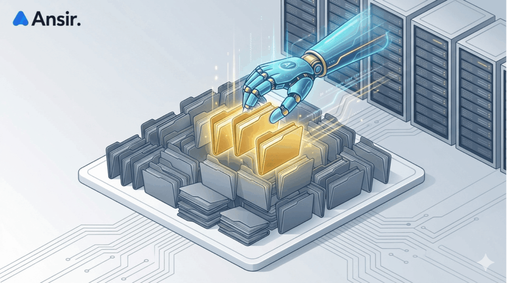 2B 구매 여정에서 AI 에이전트가 수많은 제안서 중 최적의 업체를 숏리스트(Shortlist)로 선정하는 3D 일러스트