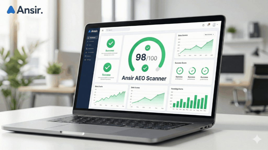 Ansir AEO 무료 진단 스캐너로 웹사이트 AI 최적화 점수 98점을 받은 노트북 화면 결과창