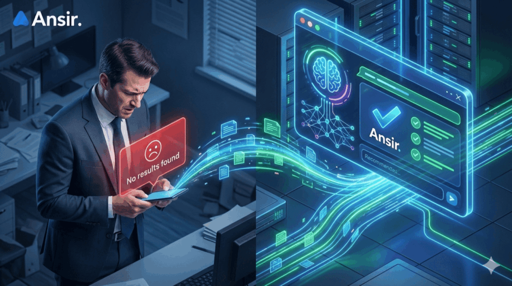 스마트폰 검색 결과 없음에 좌절하는 사업가와 브랜드를 추천해 주는 챗GPT AI 인터페이스 비교 이미지