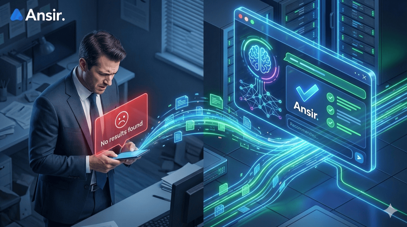 스마트폰 검색 결과 없음에 좌절하는 사업가와 브랜드를 추천해 주는 챗GPT AI 인터페이스 비교 이미지