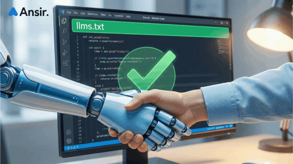 llms.txt 파일이 최적화된 코딩 화면과 AI 로봇과 인간의 악수