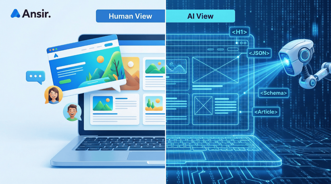 웹사이트 구조화: 사람에게 보이는 웹디자인과 AI가 읽는 구조화된 코드 데이터를 비교한 이미지