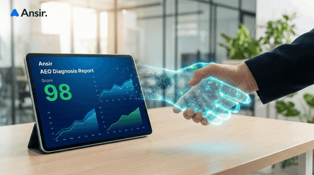 Ansir AEO 진단 리포트의 높은 점수와 성장을 상징하는 비즈니스 악수 장면