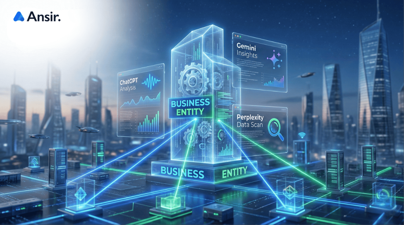 AI 검색 엔진에 의해 분석되고 연결되는 미래형 비즈니스 엔티티 구조물