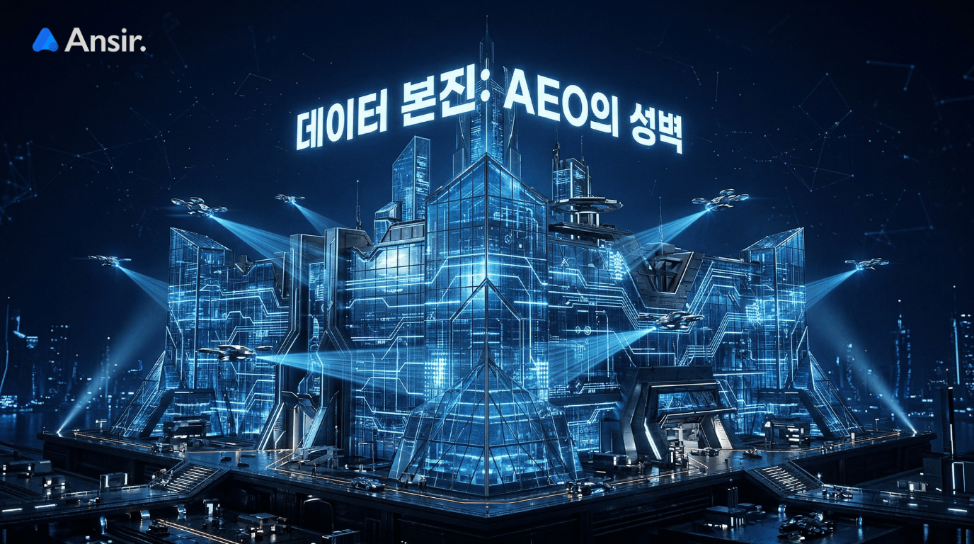 AEO 마케팅: 짙은 남색 배경 위, 파랗게 빛나는 데이터 라인으로 견고하게 지어진 미래형 지식 성채와 '데이터 본진: AEO의 성벽'이라는 한국어 문구.