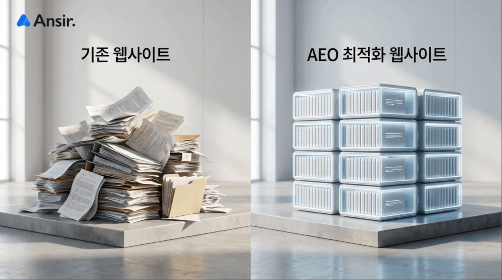 비최적화 웹사이트와 AEO 최적화 웹사이트의 데이터 구조 비교 다이어그램