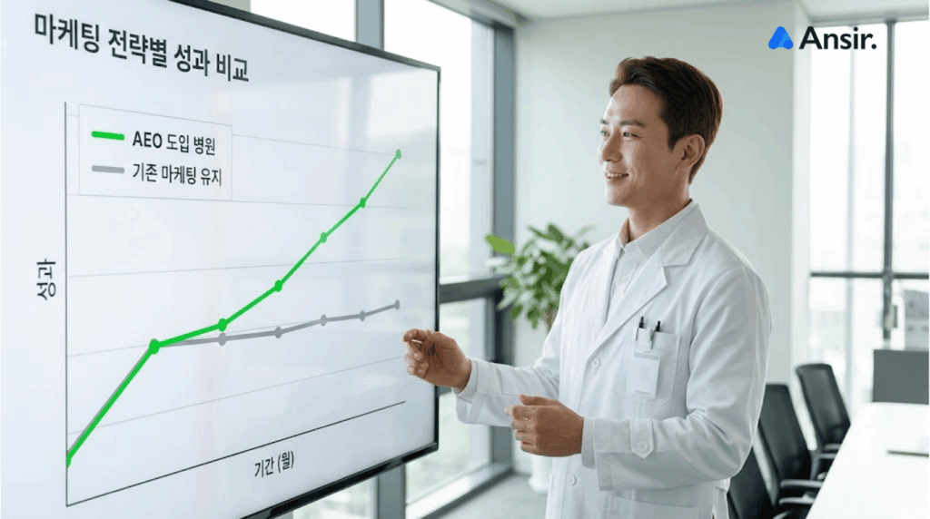 "AEO 도입 병원"과 "기존 마케팅 유지"라는 한글 라벨의 두 선 그래프를 보여주는 고품질 프레젠테이션 이미지와 의사.
