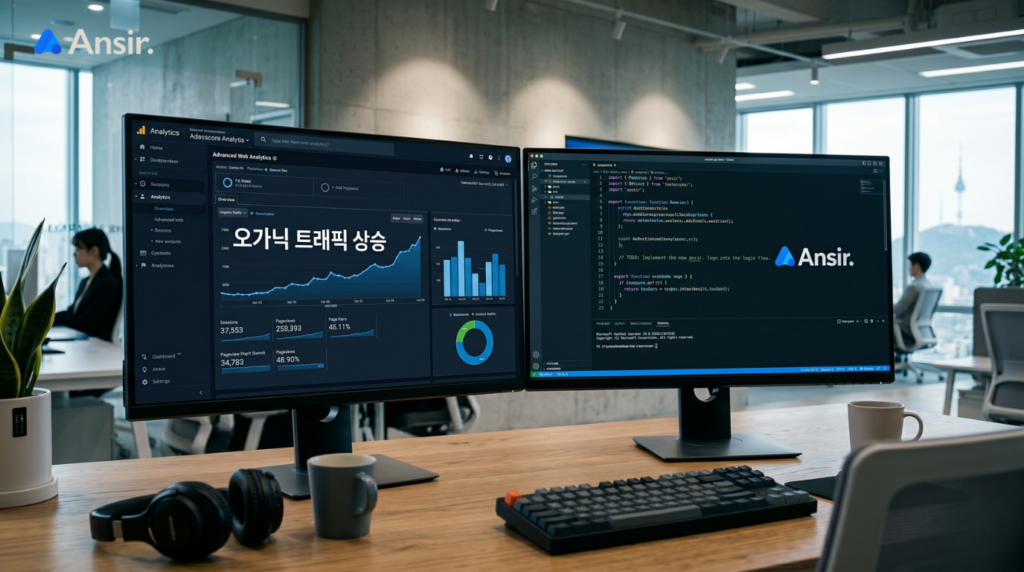 오가닉 트래픽 상승 및 앤써 AEO 솔루션이라는 한글 지표가 선명하게 표시된 데이터 분석 모니터 레이아웃