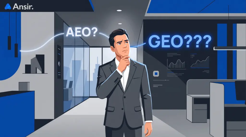 GEO 마케팅과 AEO 마케팅의 차이점 사이에서 고민하는 기업 마케터와 앤써의 브랜드 그래픽 디자인