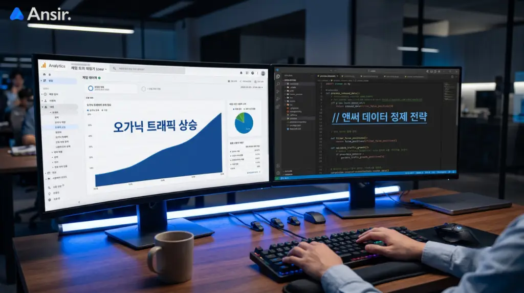 오가닉 트래픽 상승 및 앤써 데이터 정제 전략이라는 한글 지표가 선명한 분석 레이아웃