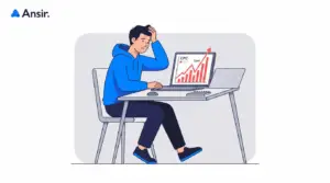 GEO 최적화 마케팅 전략: 앤써 브랜드 컬러인 일렉트릭 블루 후디를 입고 치솟는 광고 비용 차트를 보며 머리를 감싸 쥐고 고민하는 심플한 3D 마케터 캐릭터