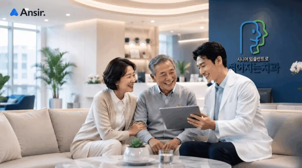 밝고 모던한 치과 내부에서 만족스러운 미소를 짓고 있는 의료진과 환자들의 따뜻한 모습