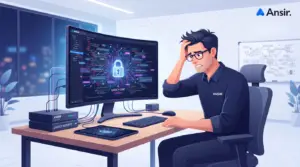 AEO 최적화: 앤써 브랜드 컬러인 일렉트릭 블루 톤의 모니터 화면 속 복잡한 기존 웹사이트 코드를 보며 고민하는 심플한 3D 일러스트