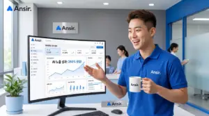 대체 텍스트 (Alt Text): 앤써 유니폼을 입은 마케팅 담당자가 AI 노출 250% 상승 성과 대시보드를 가리키며 밝게 웃고 있는 모습